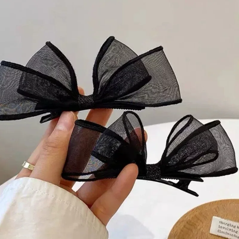 2 pz/set forcina per capelli con fiocco in rete a doppio strato in pizzo nero per donna ragazze moda corea dolce studente fermaglio per capelli