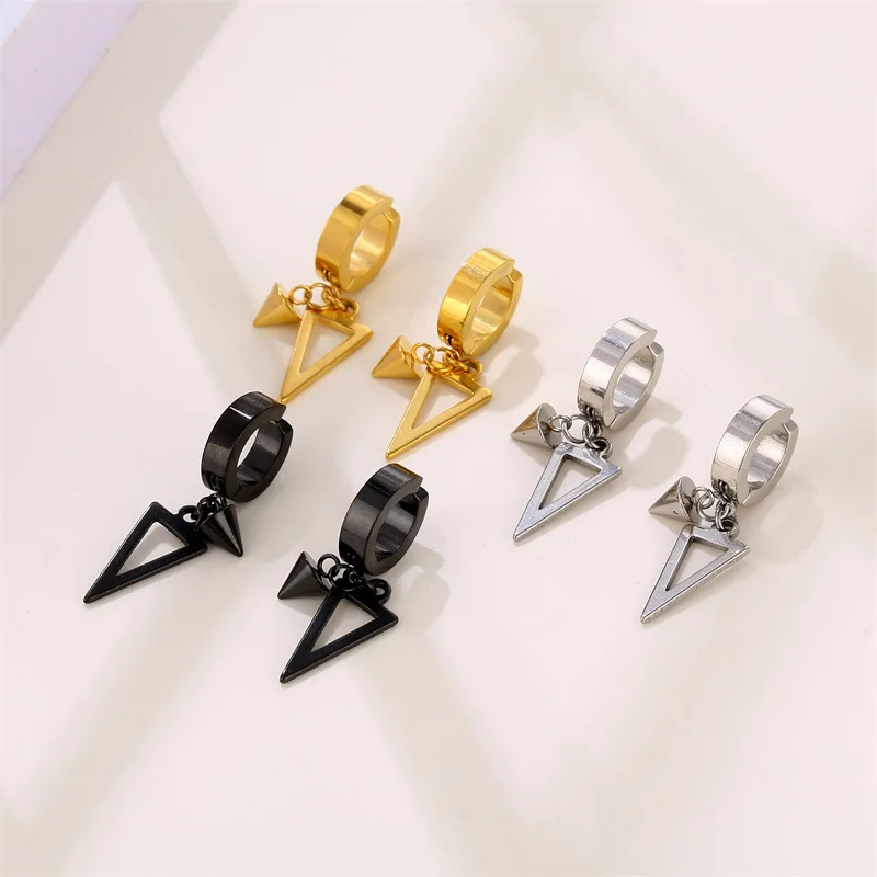 Unisex Stainless Steel Punk Man Black Clip on Earrings Geometry Triangle Star Pendant Dangle Earrings Women Gothic Jewelry