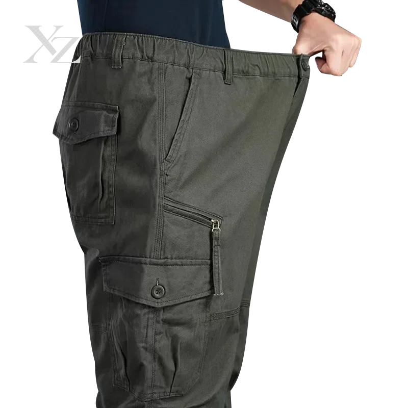 Men's Tactical Cargo Pants Elastic Waist Multi-Pocket Cotton Large Size Trousers Sports Training Work