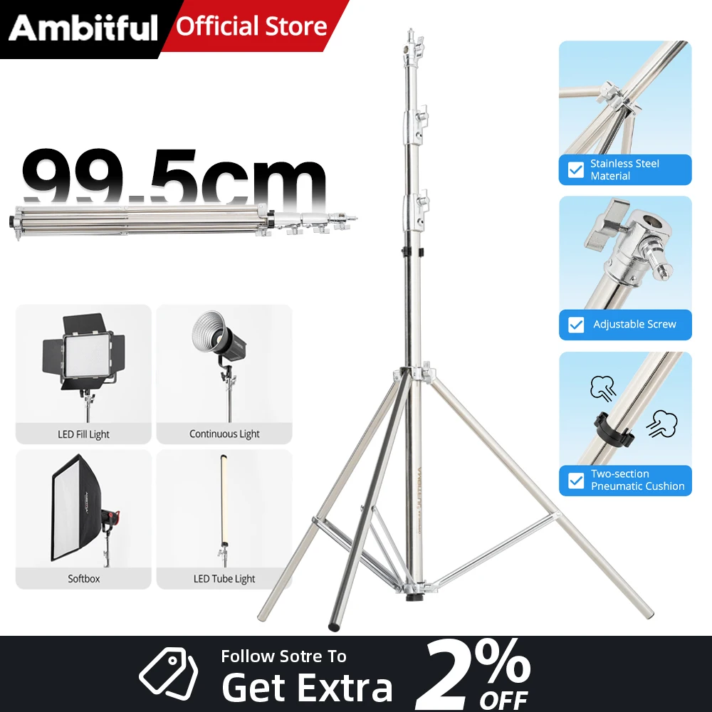 AMBITFUL AS-280PRO Stainless Steel Light Stand 1/4‘’ 3/8‘’ Screw 10KG Max Load Tripod For Photography LED Light Softbox Flash