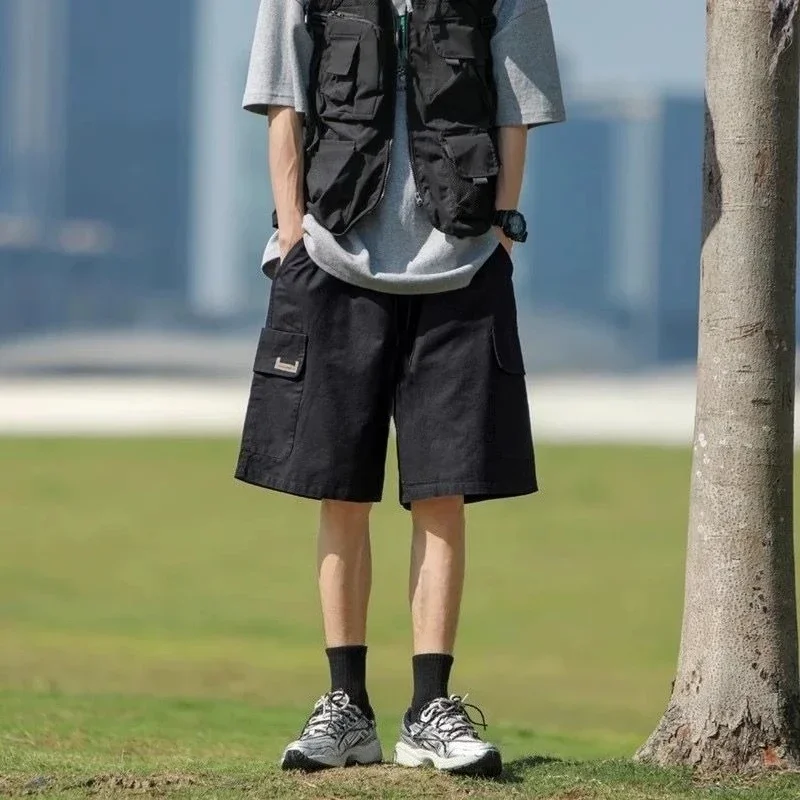 

Мужские шорты-карго с завязками-бермудой, широкие свободные шорты с эластичной резинкой на талии для мужчин, полумешковатые длинные однотонные эластичные шорты с карманами Y2k