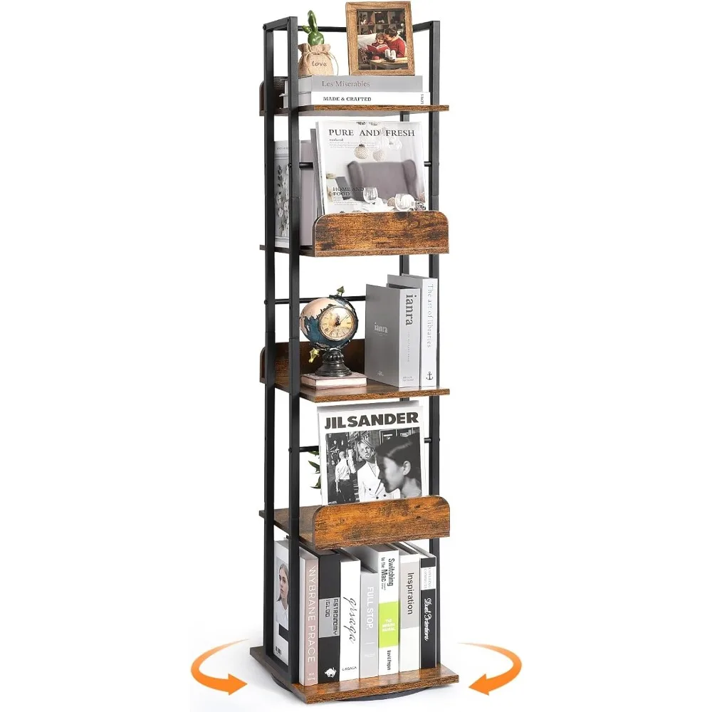 Bookshelves 5-Tier, Rotating Bookshelf Tower for Corner, Small Bookcase, Tall Industrial Bookshelf, Narrow Bookshelf, Wood