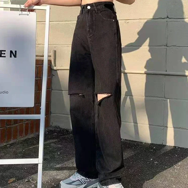 Women\'s Spring and Autumn 2023 New Loose Thin Drape Wide-leg Mopping Pants Black High-waist Ripped Straight-leg Classic Jeans
