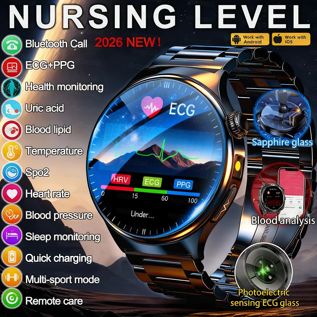 2026New Smart Watch Men Micro-physical examination ECG+PPG Blood oxygen Uric Acid Pressure Sapphire Smartwatch Men Women Health