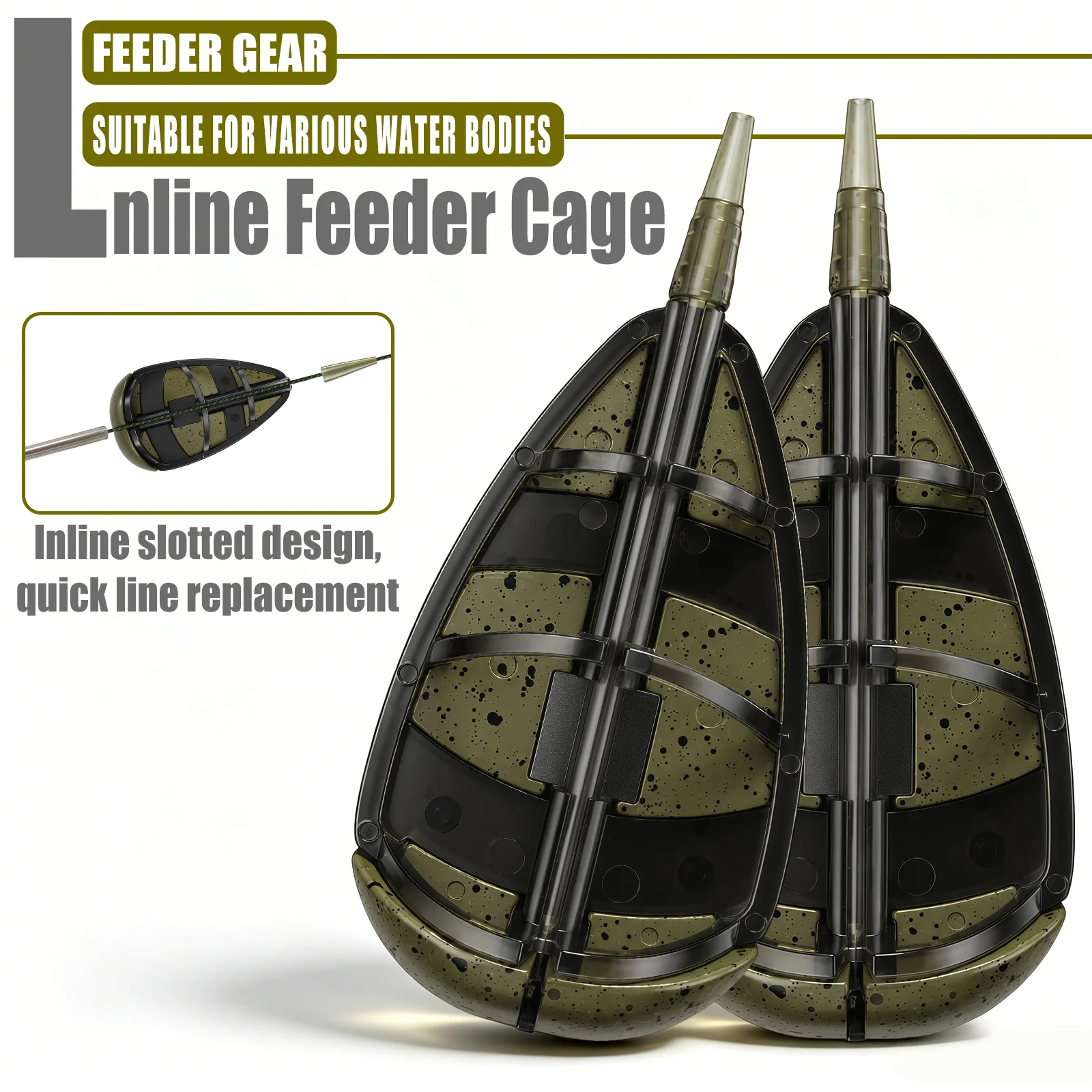European reservoir fishing bait holder, fitted with quick-attach bait cage & explosive hook feeder; both accessories offered in