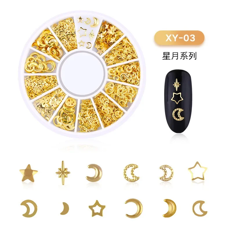 12 Girds Metal Rivets Nail Studs Mixed Heart Frame Moon Star Gold Jewelry 3D DIY Tips Nail Art Decorations Manicure Accessories