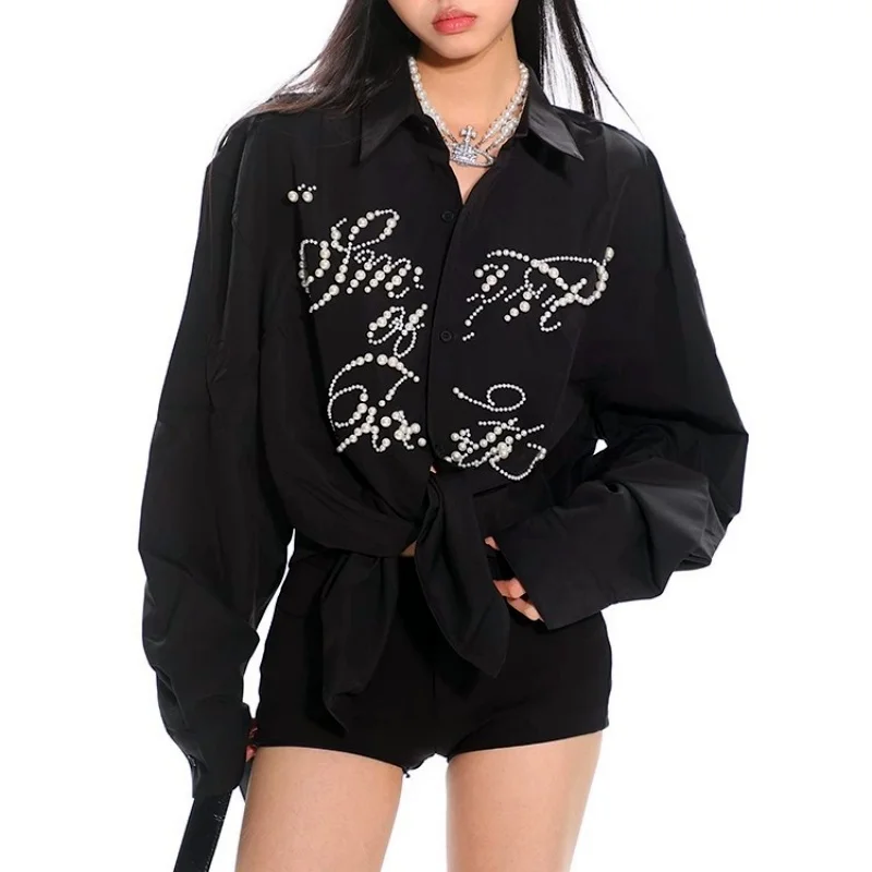 

High Street Women Shirts Black Blue Pink Long Sleeve Blouses Loose Shirt Female Tops Blusas Mujer Pearls Beadings Shirts NZ55