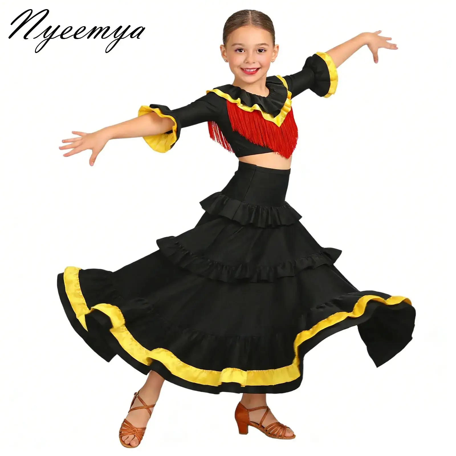 

Kids Girls Color Block Ballroom Twirling Long Tutu Skirt Belly Dance Crop Top Flamenco Dance Suit for Performances Halloween