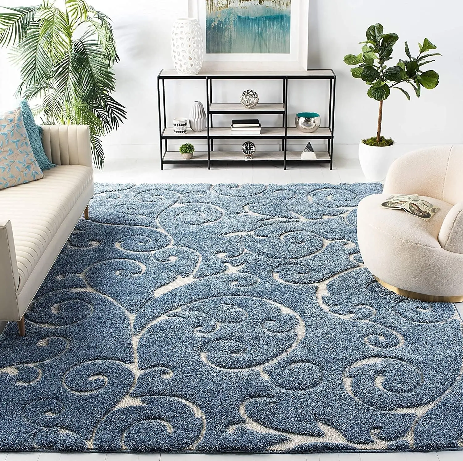 

8' x 10', Light Blue & Cream, Scroll Design, Non-Shedding & Easy Care, rugs for bedroom tapioqueira e peneira de tapioca