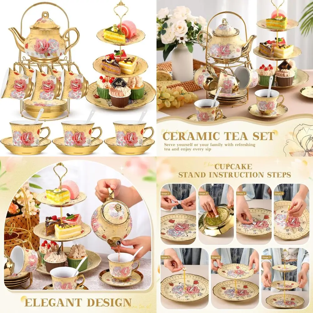 

Porcelain Tea Party Set with Metal Holder and Cupcake Stand, Including 21 Pieces, Ceramic Tea Pot, Cups, Saucers, and Tiered Cup