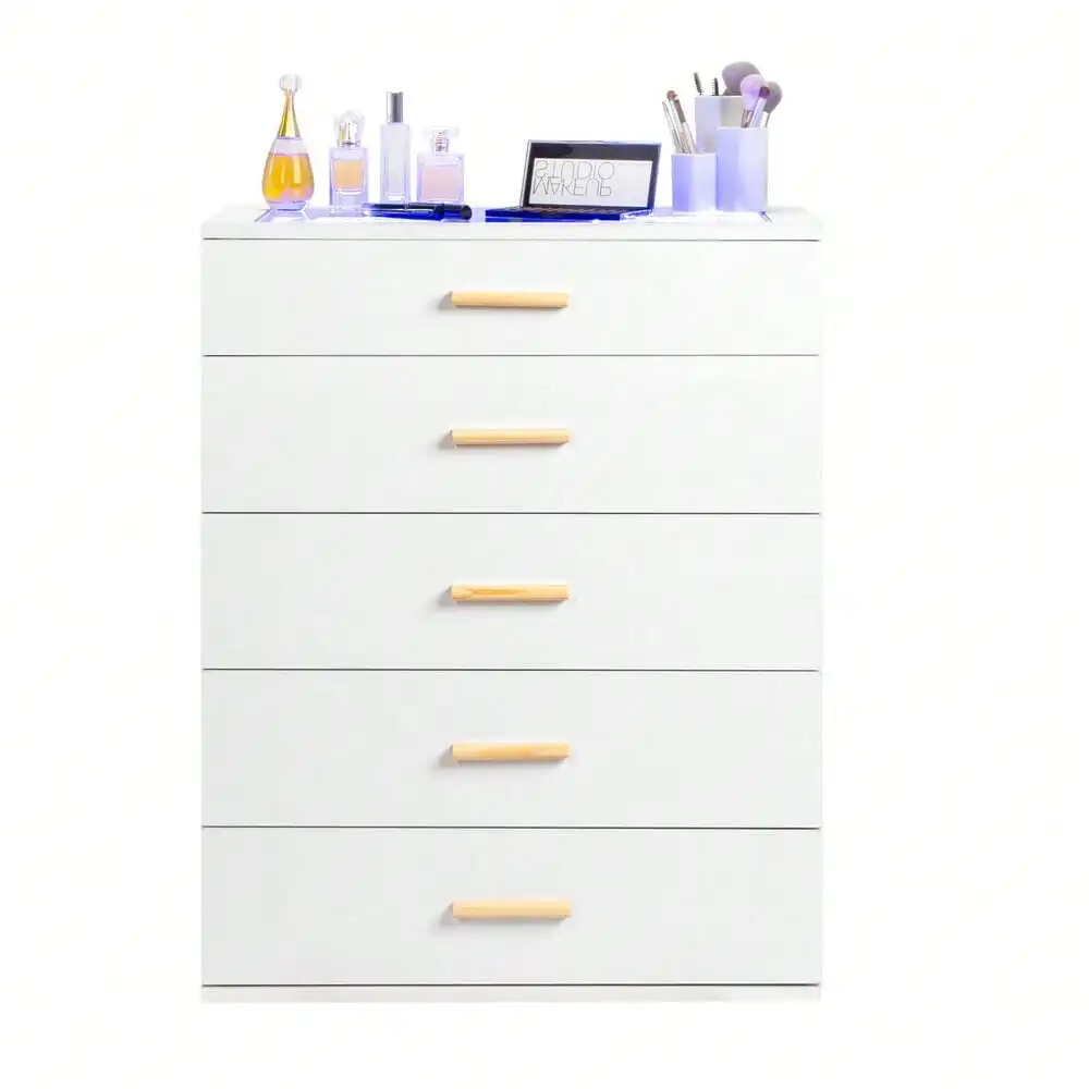 

Bedroom Storage LED Dresser Chest Of 5 Drawers Cabinet with Tempered Glass Top