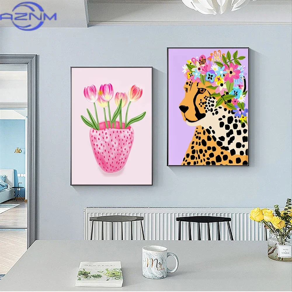 Scandinavian Modern Wall Art Cartoon Abstract Corolla Cheetah Pink Animal HD Poster Print Home Bedroom Living Room Decoration