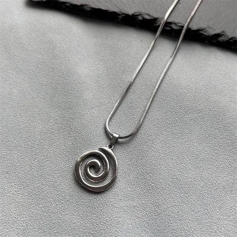 handmade y2k silvery plated snake cord necklace with spiral vortex stainless steel pendant