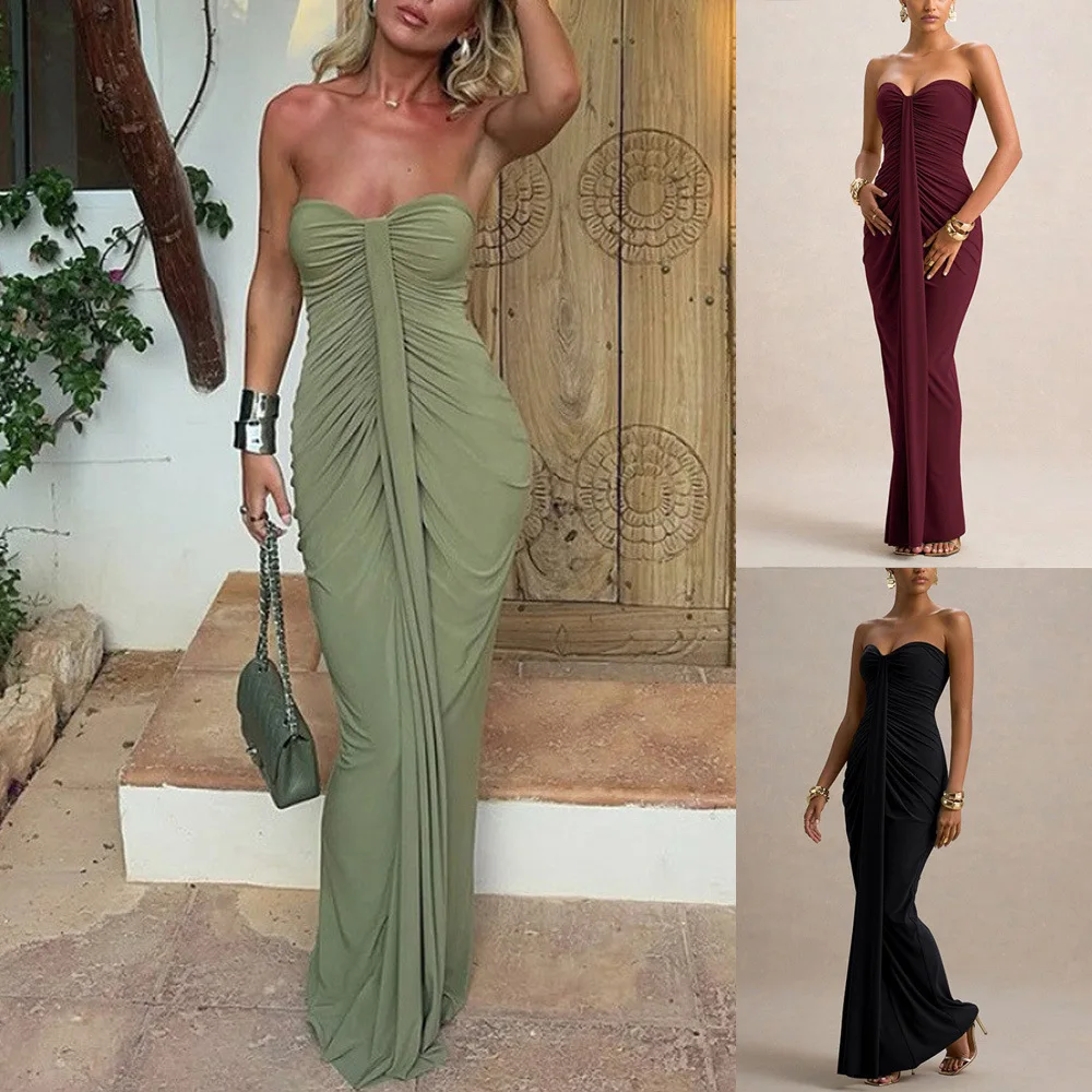 

Dress Women Sexy Ruched Strapless Bodycon Dresses Spring Summer Satin Elegant Mermaid Evening Party Maxi Gown