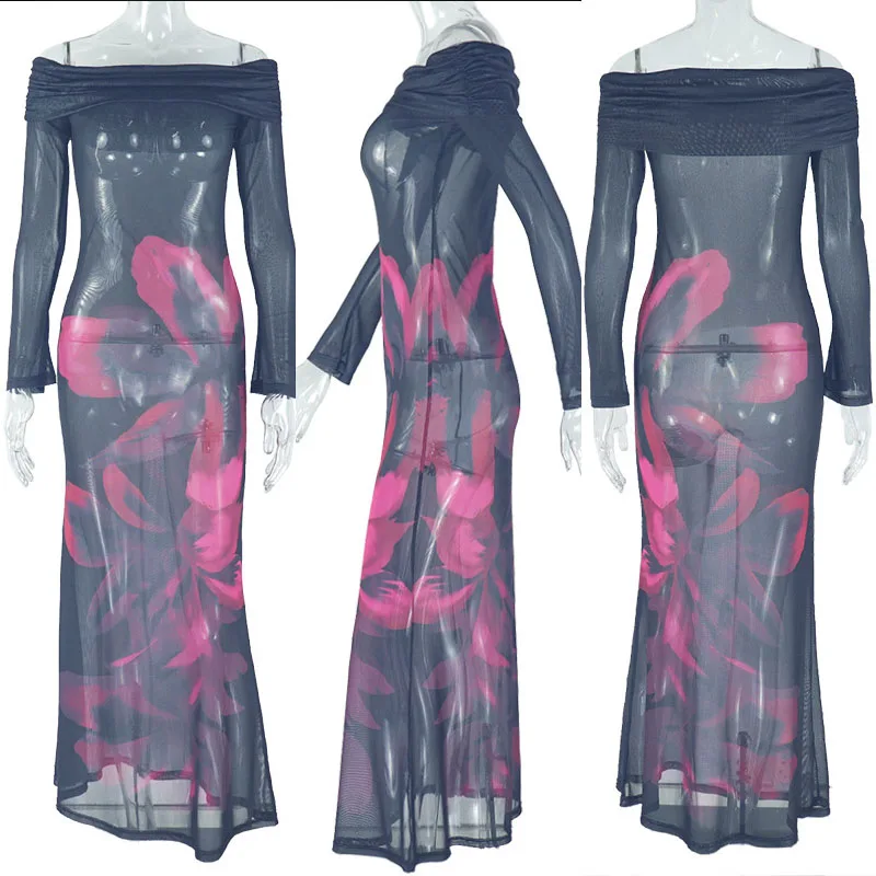 Abito lungo aderente a maniche lunghe con spalle scoperte sexy Abito da donna elegante da night club con stampa floreale Slash Neck Mesh Sheer Abiti da festa
