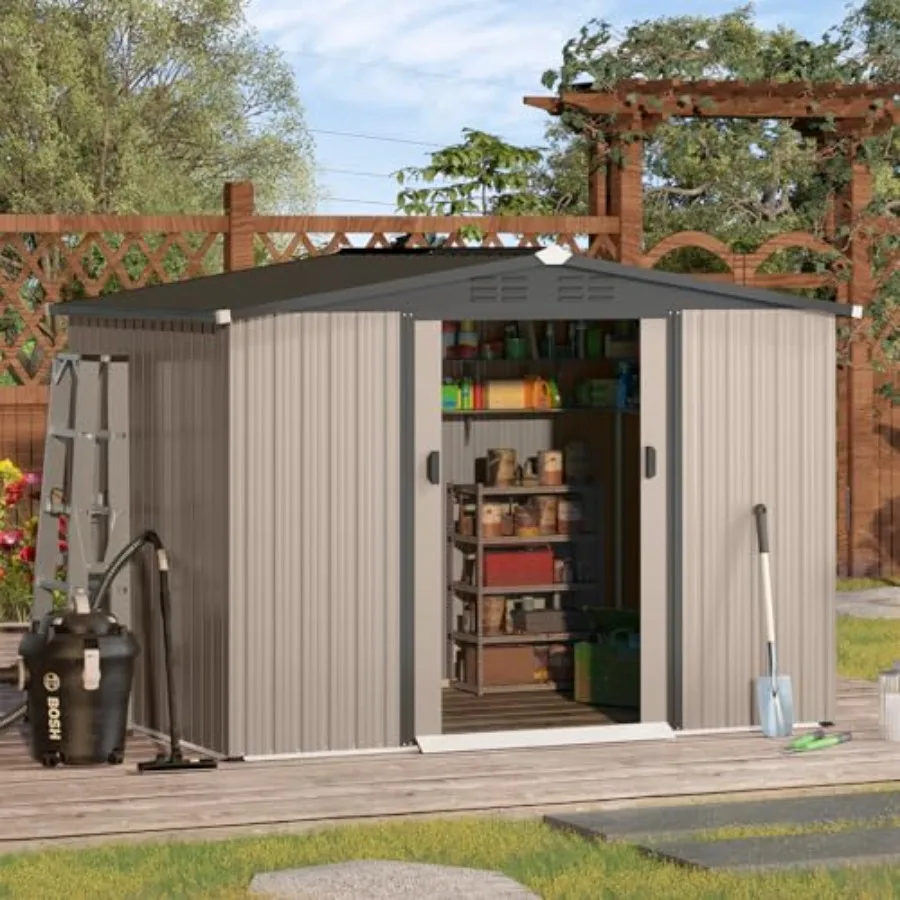 Outdoor storage shed for garden tools, galvanized steel, gray, 8x6 FT, sloped roof and lockable double sliding doors