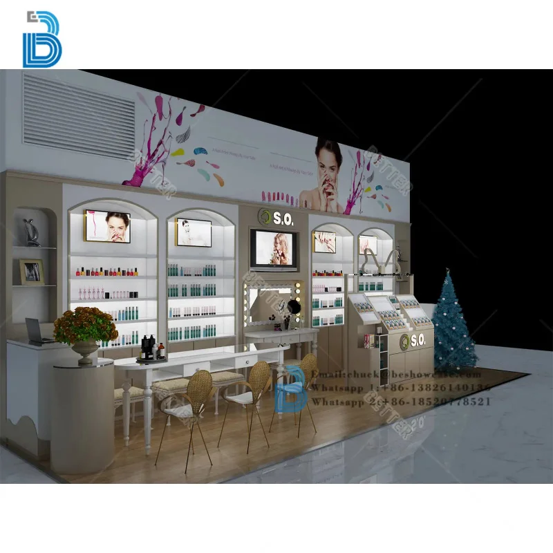 custom.Modern Custom Wooden Cosmetic Display Stand with LED Light Kiosk Makeup in Mall