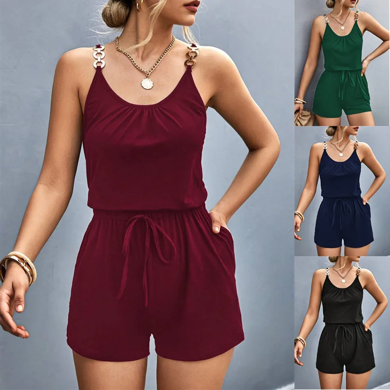 

Spaghetti Playsuit Women Summer Sleeveless Chain Rompers For Women 2024 Sexy Pure Color Lace Up Jumpsuits Ladies Black