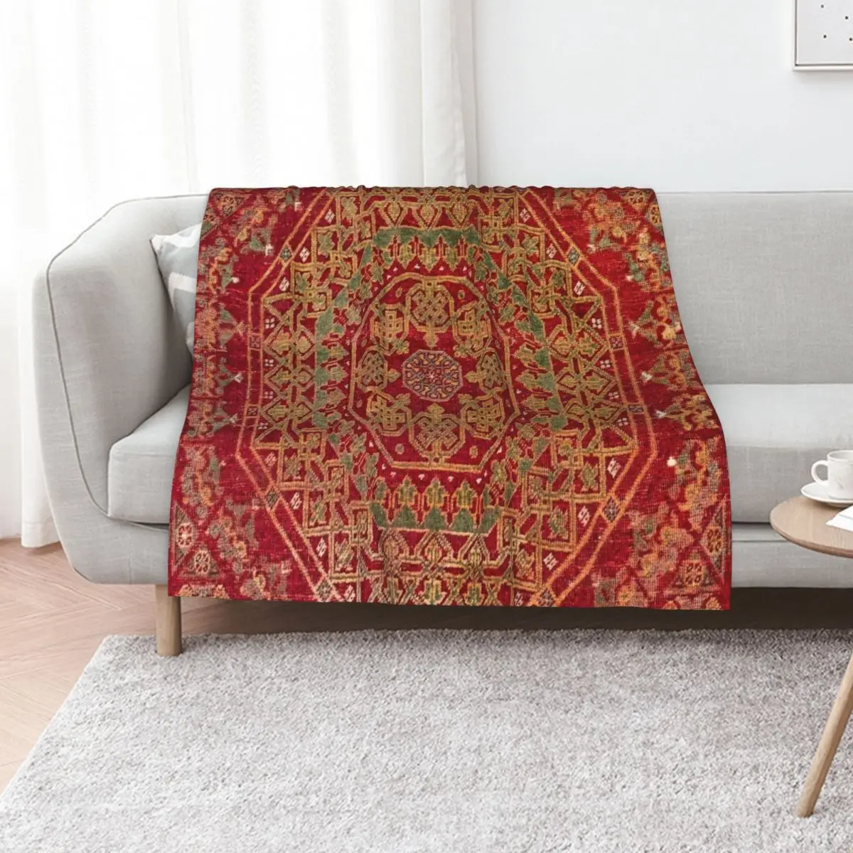 Bohemian Medallion VII // 15th Century Old Distressed Red Green Coloful Ornate Accent Rug Pattern Throw Blanket