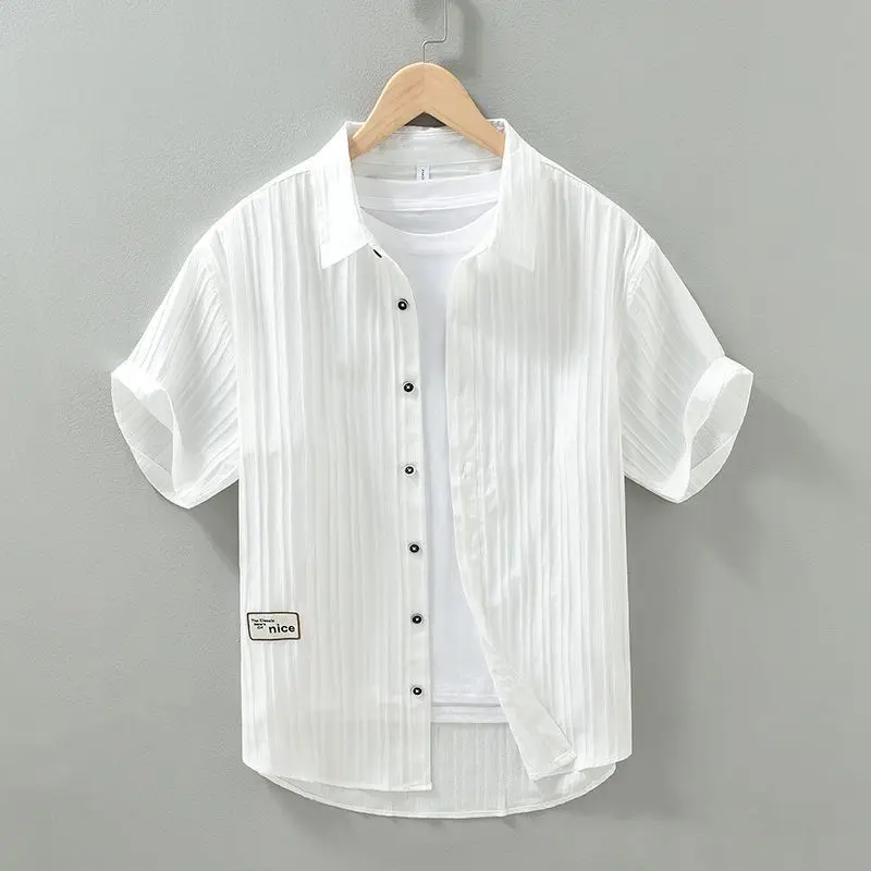 

2024 Summer Solid Color Shirts Men's Short Sleeve Thin Style Ventilation Fashion All-match Stripe New Pattern Leisure Time Tops