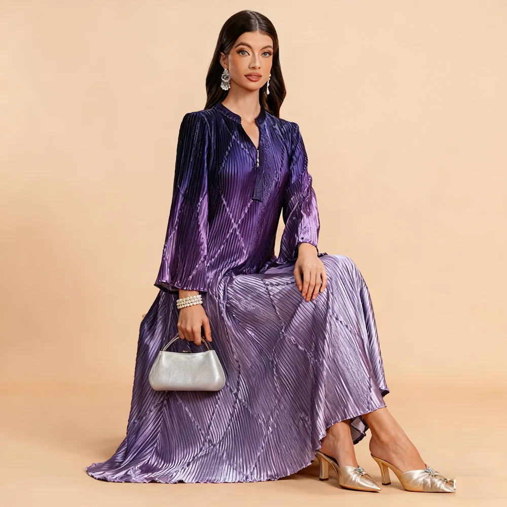 

2025 New Gradient Color Muslim Dress Modest Women Tassel Maxi Party Dresses Dubai Abaya Turkey Kaftan Caftan Marocain Femme Gown