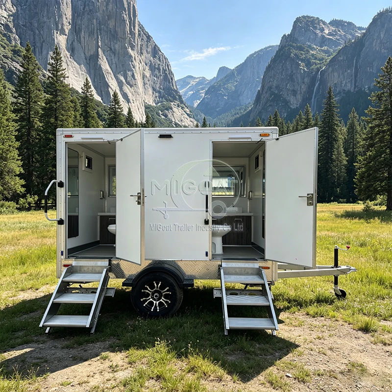 Luxury Mobile Toilet Trailer Two Enclosed Washrooms Complete Interior Fixtures for Wedding and Party Venue Service