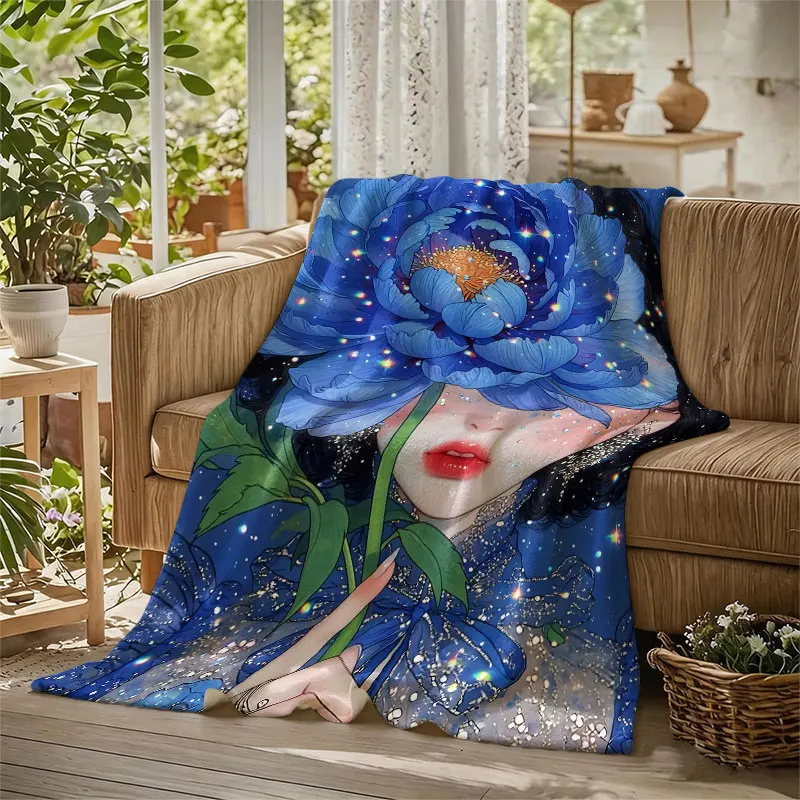 Girl Blue Peony Sparkle Flannel Blanket Perfect for Sofa Office Bed Travel Sleep Read Relax Camping Four Season Use