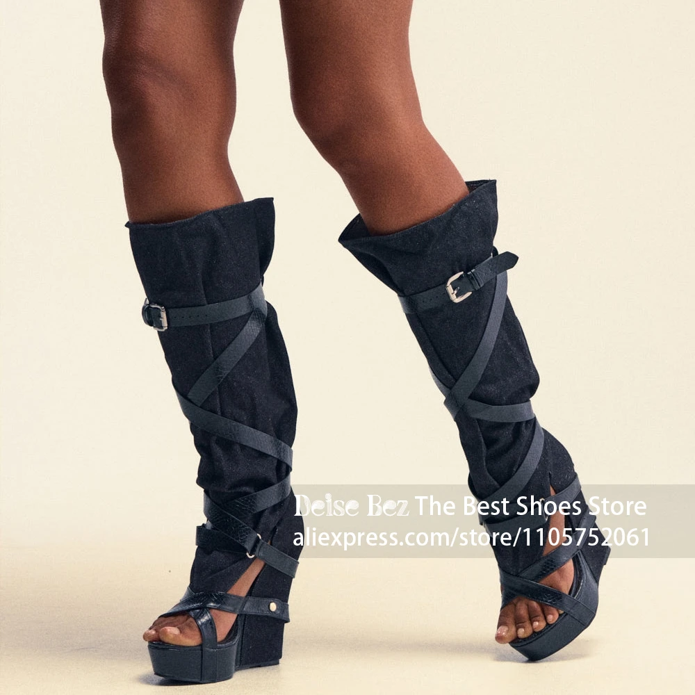 블랙 데님 웨지 힐 니하이 글래디에이터 부츠 크리스크로 - Knee High Boots Women 리뷰 및 가격