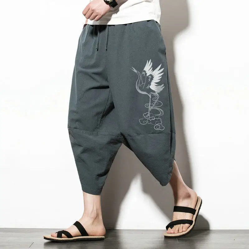2025 Summer Men Embroidery Harem Pants Men Casual Hip Hop Streetwear Beach Trousers Male Calf-Length Pants Cross Bloomers