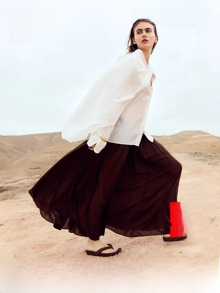 

H&M Summer New Women's Pleated Modal Skirt High Waist Loose Fit Gauze Fabric Fashionable Elegant Ladies Skirts