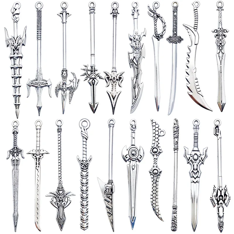 10PCS 22 รูปแบบผสมโลหะผสมโบราณอัศวินดาบมีดปืน Bow Charms สําหรับเครื่องประดับทํา DIY Handmade อาวุธจี้