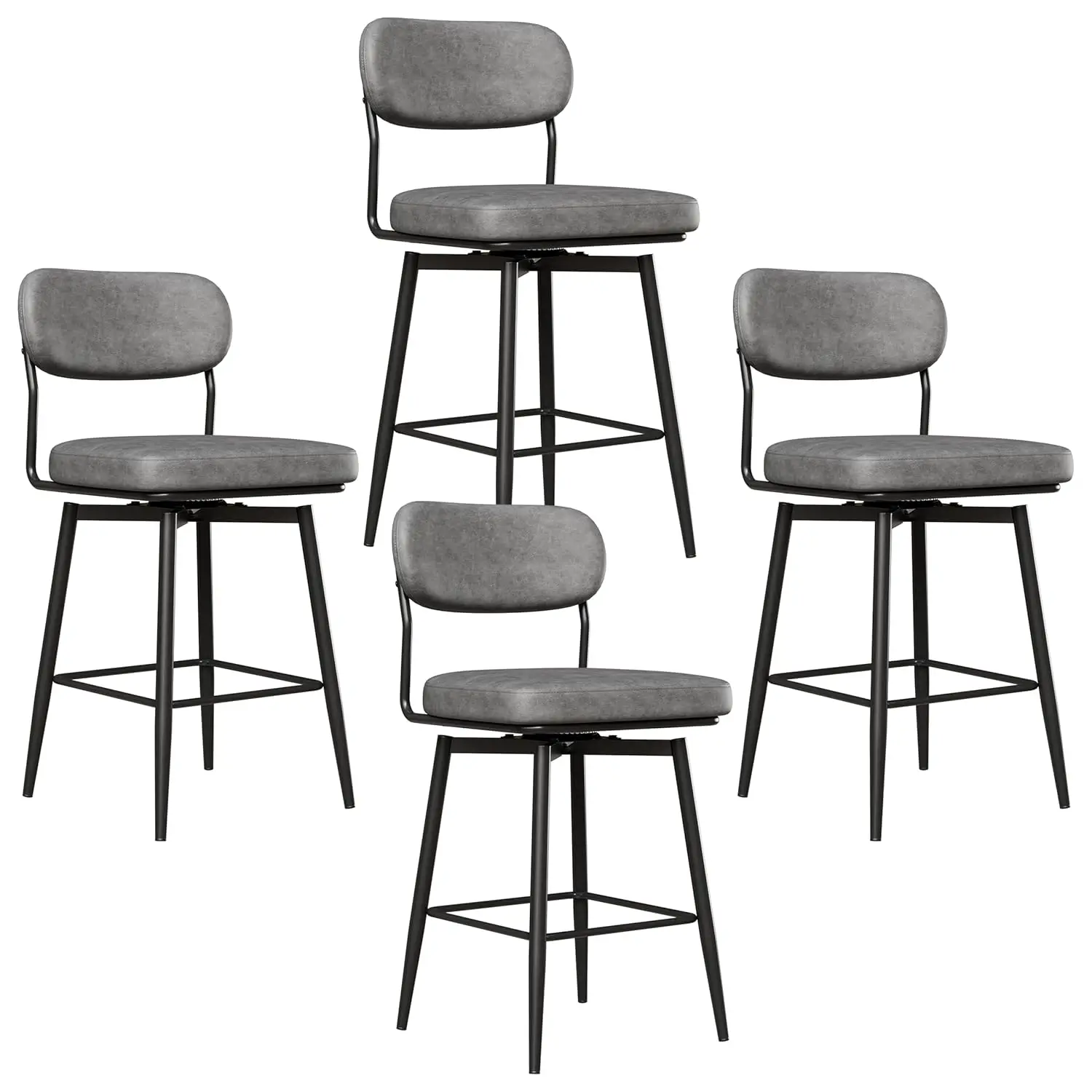 

360 ° Набор из 4 вращающихся барных стульев с металлическим каркасом и мягкими сиденьями из ПУ, фиксированной высоты для кухонного острова, столовой, бара для завтраков, с возможностью индивидуальной настройки