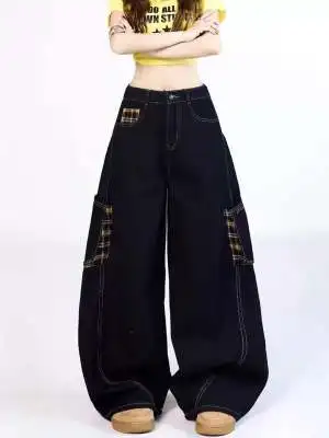 American retro plaid patchwork rolled edge women jeans high street Harajuku loose wide leg straight leg men and women pants