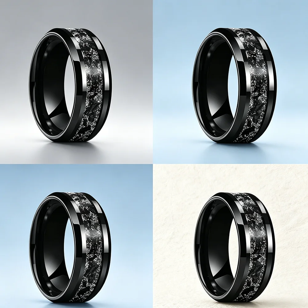 8mm schwarzer Titan-Chip-Inlay-Wolframcarbid-Ring, Verlobungs- und Eheringe für Männer und Frauen, abgeschrägter Modeschmuck, bequeme Passform – Detail 2