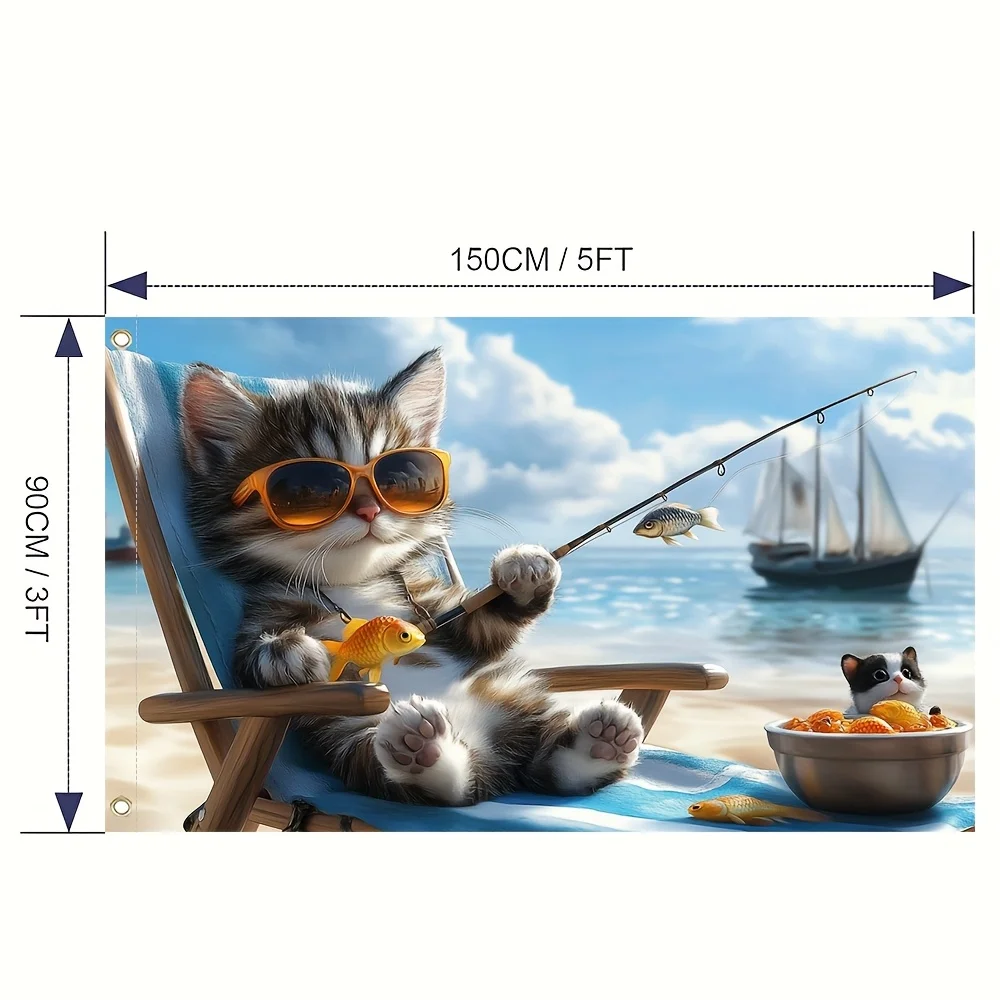 Funny Kitten Fishing Beach Chair Garden Flag Cute Kawaii Kitty Polyester Yard Decor