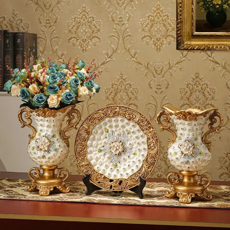

European Luxury Palace Resin Vase Ornaments Home Room Desktop Figurines Crafts Decoration Wedding Gift Retro Silk Flower Pot Art