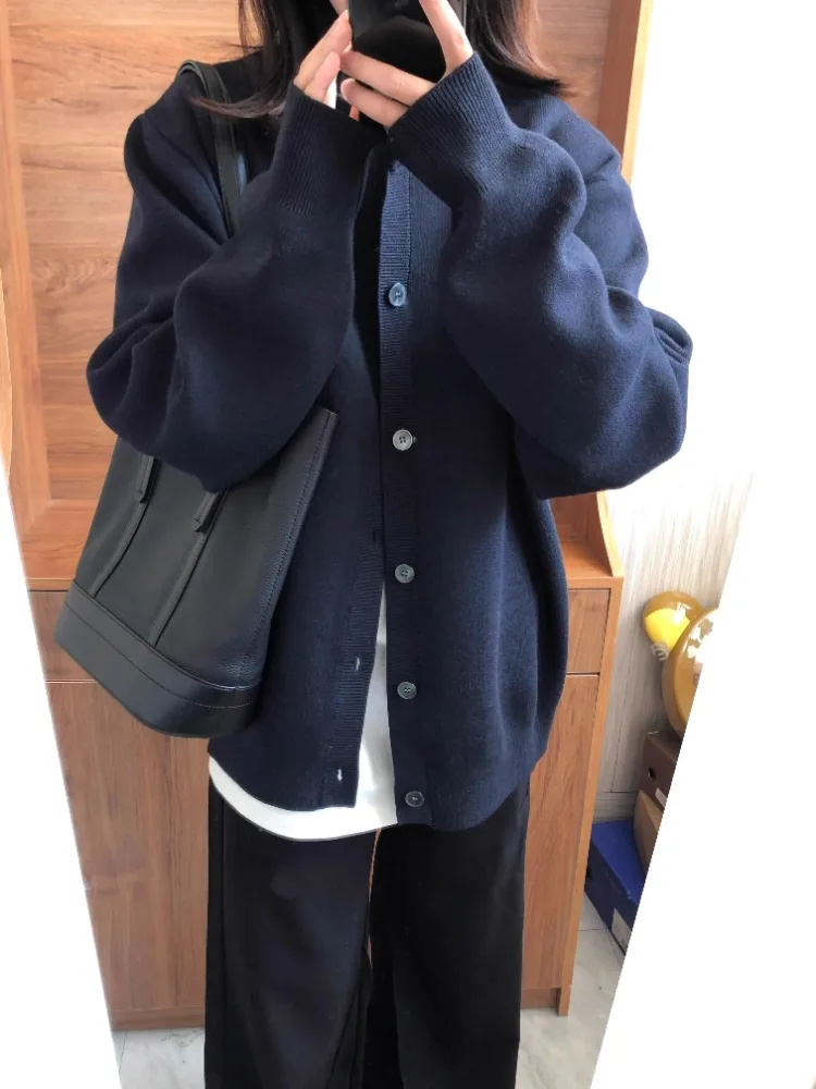 Navy Blue Knit Cardigan Women Spring and Autumn Loose High-grade Sweater Solid Color Retro Casual Soft Coat Top Temperament