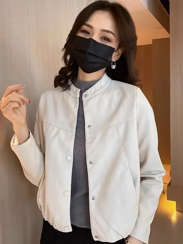 ort Lose Damen-Jaset-Mantel aus Leder, kleiner Biker-Mantel, lässig, mit Knöpfen verziert, Taille, PU-Leder, lang, Sve, rund, Ne