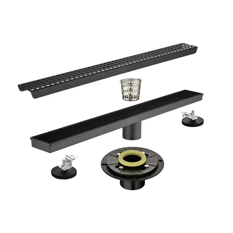 

24" Linear Shower Drain with Removable Quadrato Grate, 304 Stainless Steel, Includes Hair Strainer & Leveling Feet, Flange