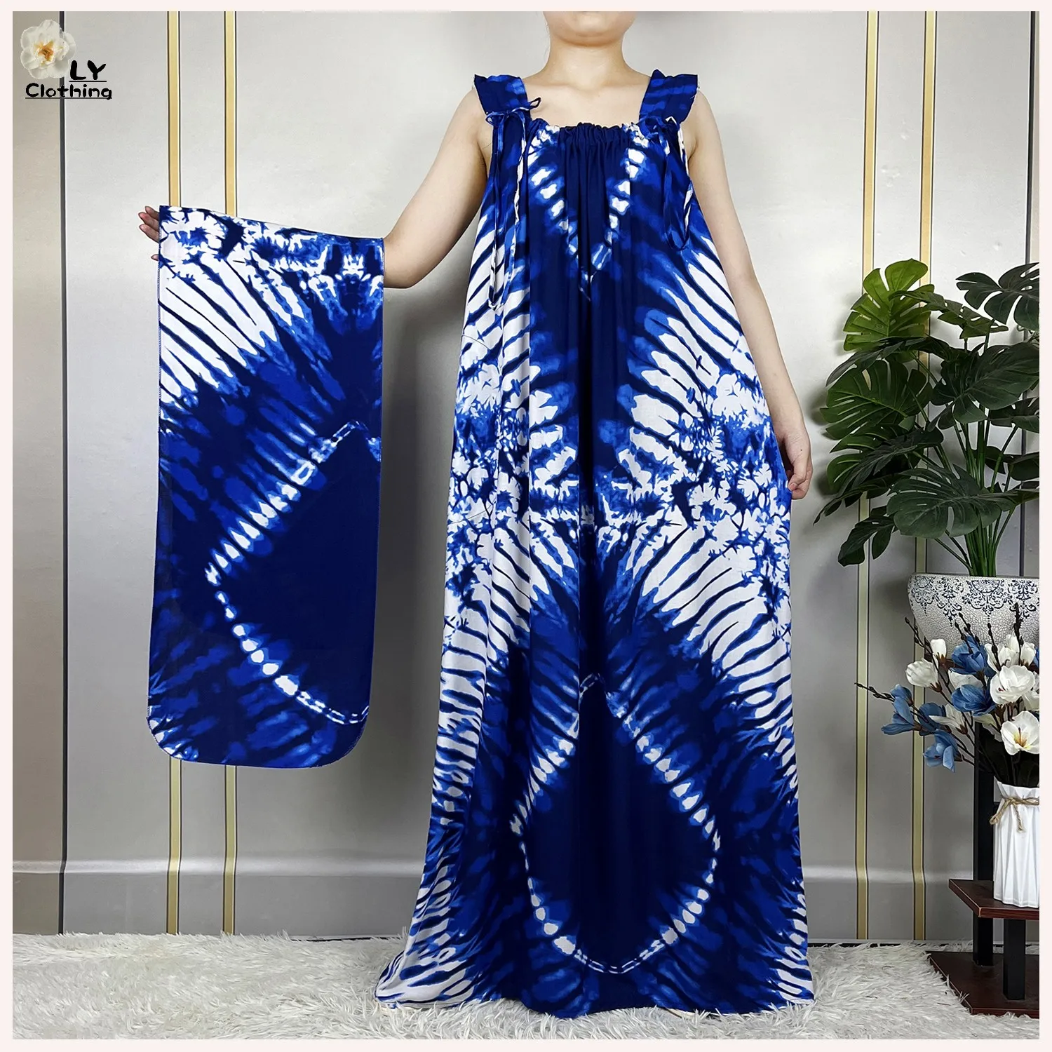 2023 New African Summer Vest Sleeveless Boat Neck Loose Dress Tie Dye Pure Cotton Boubou Maxi Dubai Islam Women Abaya Clothing