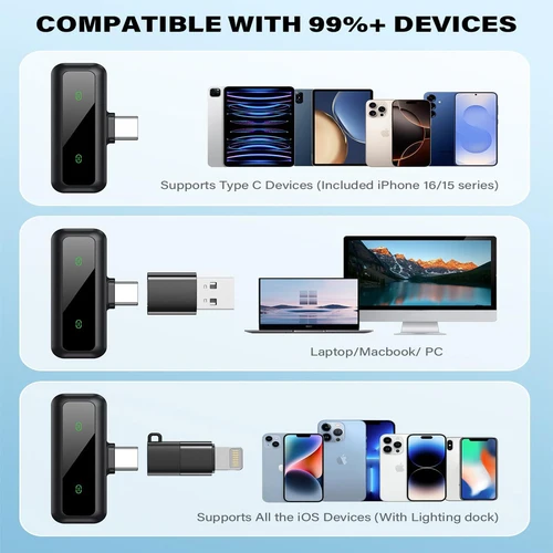 Imagen 2 del producto Micrófono Lavalier inalámbrico para iPhone, Android, PC, grabación de Audio y vídeo, cancelación de ruido, micrófonos con Clip para Vlog Tiktok YouTube