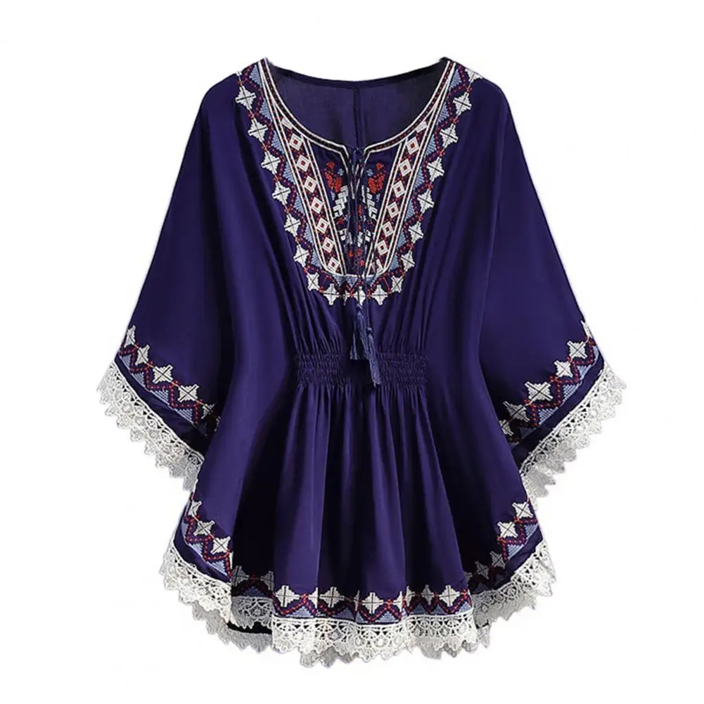 Loose Belly-covering Chiffon Blouses Stylish Summer Tops for Women Lace Trim Chiffon Pullover Embroidered Half Sleeve Shirt