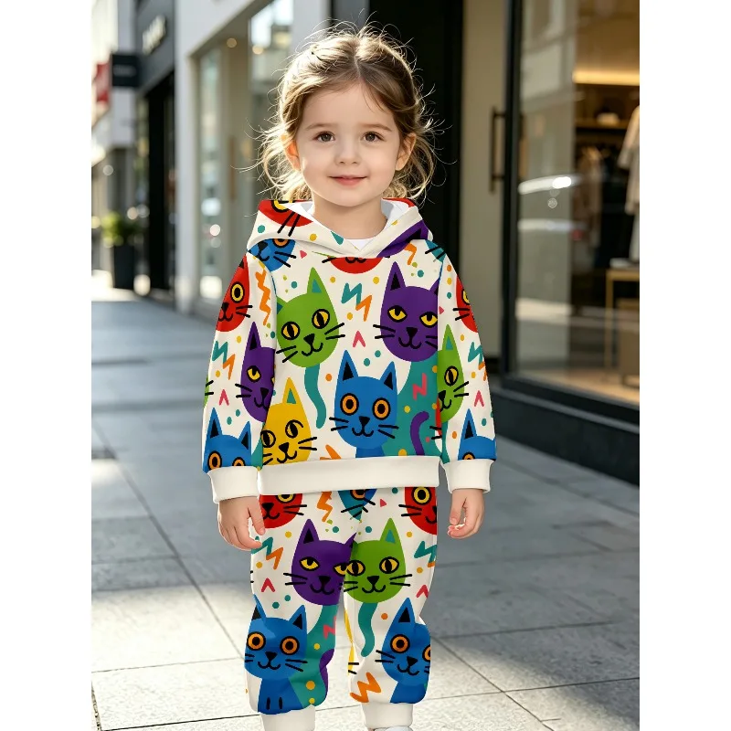 Kids Hoodie Jogger Colorful Cartoon Cat Allover Print Pink Cherry Blossom Floral Pattern Fiery Dragon Eye Graphic Kids Tracksuit