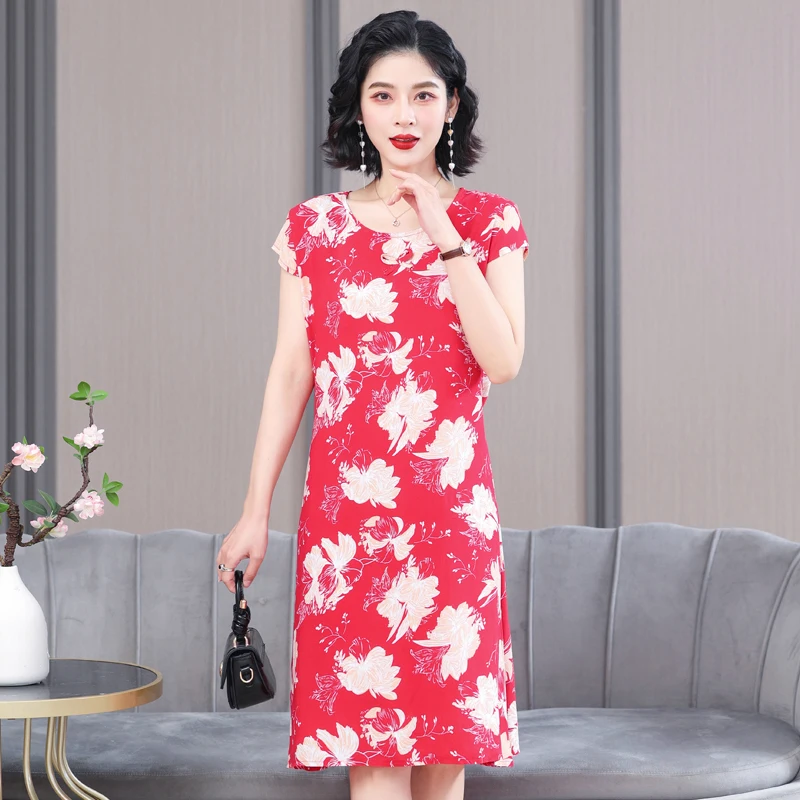 New Summer Dress Floral For Women Printing O-Neck Short Sleeve Casual Loose Vintage Dresses 5XL Vestidos