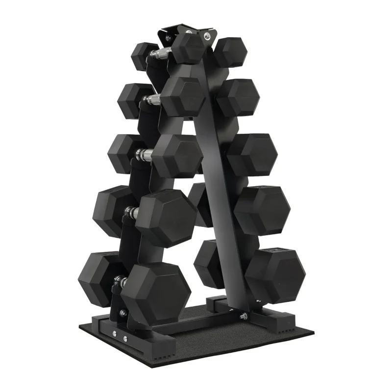 Home Gym Exercise Strength Training Rubber Coated Hex Dumbbell Weight Set Storage Rackpromote sales