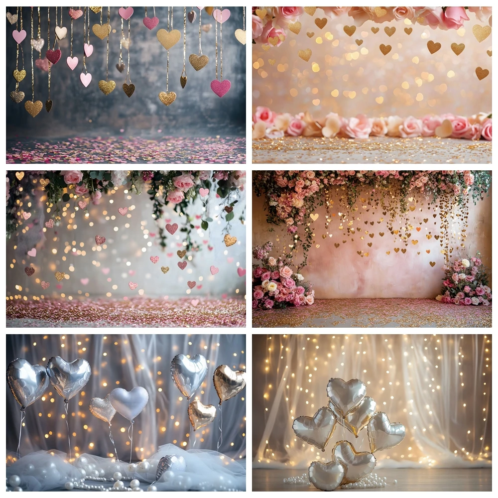 Valentine's Day Gold Glitter Love Heart Backdrop February 14th Silver Heart-shaped Balloon Wedding Birthday Party Background