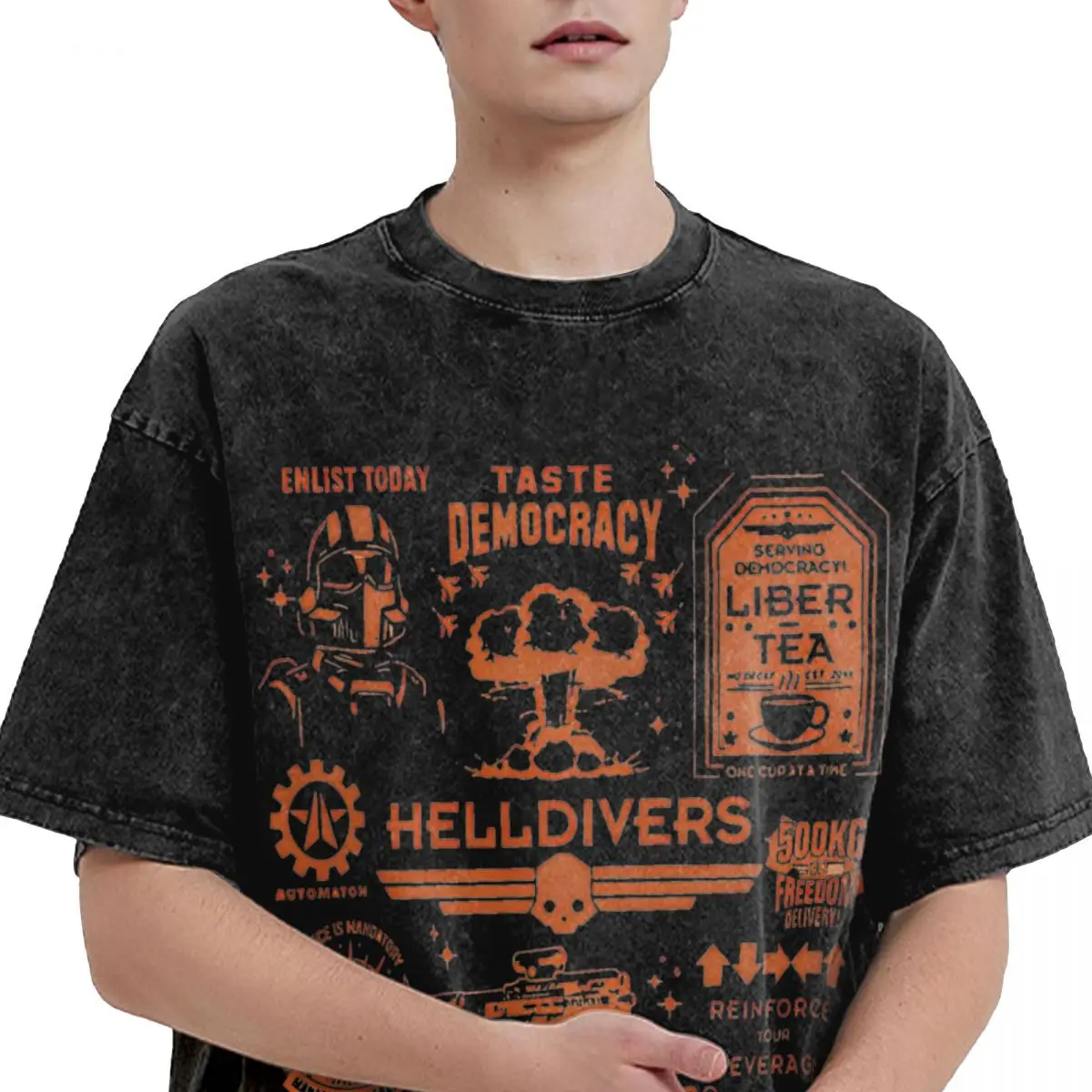 Helldivers 2 Skull Liber-tea Washed T Shirts Streetwear Hip Hop Novelty T-Shirt Spread Democracy Tee Shirt For Men Women