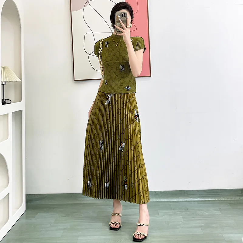 

Summer 2024 New Small Fragrance Print Short Sleeve T-shirt Pleated A-line Hem Cinched Waist To Show Thin Two-piece Dress Women