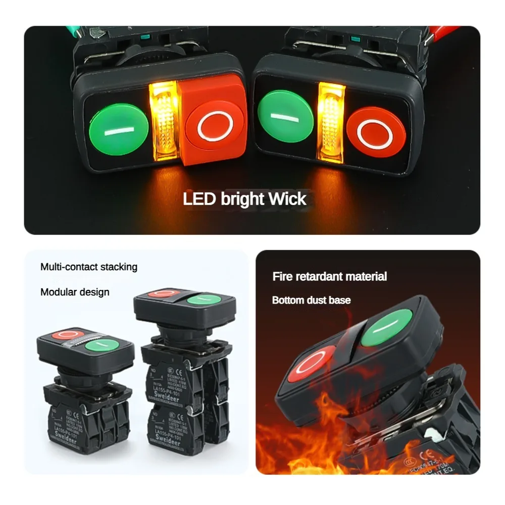 XB4 22mm Emergency Stop Button Switch Double Button Switch with Light Momentary Self Reset Mushroom Power Push Button Switch 10A