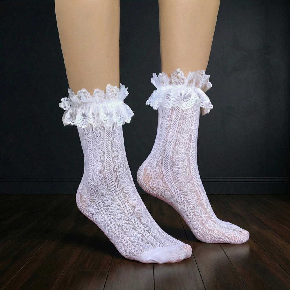 Sexy Übergrößen-Netzstrumpfhose mit Spitzenbesatz, Atmungsaktive Fischnetzstrümpfe, Schwarze Feinmaschige und Weiße Mittelmaschige Bestickte Kurzsocken – Detail 5